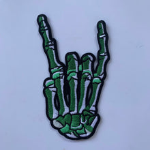 Load image into Gallery viewer, Green embroidered iron-on skeleton hand patch
