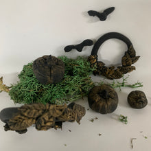 Load image into Gallery viewer, Decorative dollhouse wreath, bats, pumpkins with greenery elements on a white background
