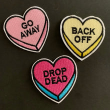 Load image into Gallery viewer, Sarcastic Candy Heart Patches — Set of 3, Iron-On
