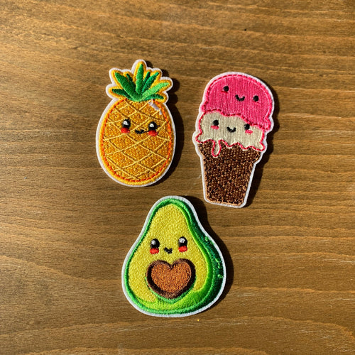 Cute kawaii embroidered patches set with smiling pineapple avocado and ice cream cone patches for clothing and crafts