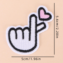 Load image into Gallery viewer, White embroidered Korean finger heart patches with pink hearts measure 2.2 x 1.96&quot;

