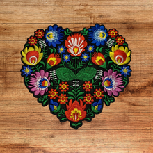 Load image into Gallery viewer, Mexican-style embroidered heart patch adds charm to your jackets, quilts, totes, and craft projects. Measuring a generous 7.75&quot; x 7&quot;, it&#39;s a statement piece perfect for those who appreciate intricate, handcrafted details. Iron or sew on.
