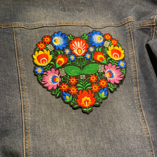 Load image into Gallery viewer, Mexican-style embroidered heart patch adds charm to your jackets, quilts, totes, and craft projects. Measuring a generous 7.75&quot; x 7&quot;, it&#39;s a statement piece perfect for those who appreciate intricate, handcrafted details. Iron or sew on.
