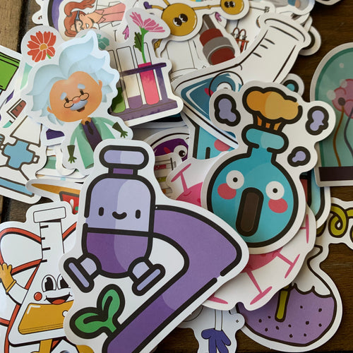 Pack of 50 colorful cartoon science themed decals. Waterproof for water bottles, laptops, notebooks.