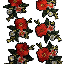 Load image into Gallery viewer, Beautiful Red, White, Gold and Green Flower cluster patch set (6). Iron-on embroidered flower patches for clothing, bags, costumes. Quality Craftsmanship from elementah.com
