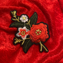 Load image into Gallery viewer, Beautiful Red, White, Gold and Green Flower cluster patch set (6). Iron-on embroidered flower patches for clothing, bags, costumes. Quality Craftsmanship from elementah.com
