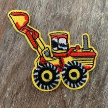 Load image into Gallery viewer, Embroidered Red and Yellow Digger Iron On Patch on wood table
