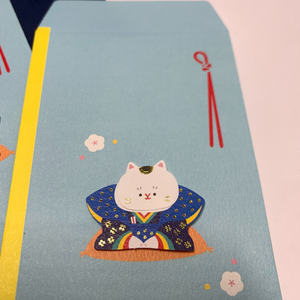 Three pack of Samurai Kitty Mini Notecards and Washi Envelopes. Made in Japan. Blue Envelopes. Cartoon Cat for Japanese New Year, Valentines Day or Love notes.