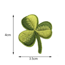 Load image into Gallery viewer, Green lucky shamrock patches. Embroidered iron or sew on patches. 3/pk. St. Patricks Day, Ireland, Irish pride patch. 
