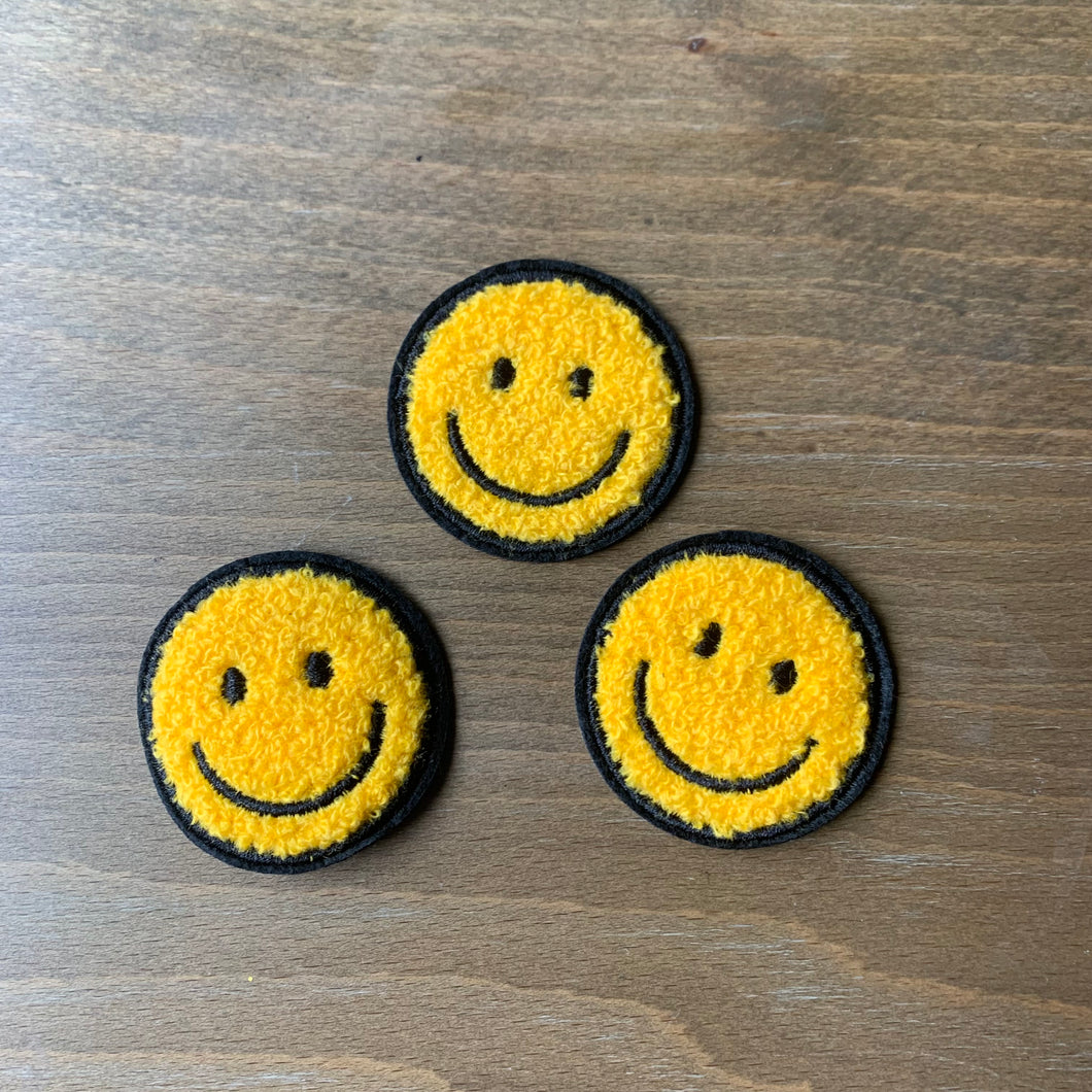 Three yellow 70s-themed smiley face patches, each approximately 2x2 inches, featuring embroidered retro, boho, and hippie designs with soft chenille flocking, perfect for sewing or gluing onto clothing and crafts.