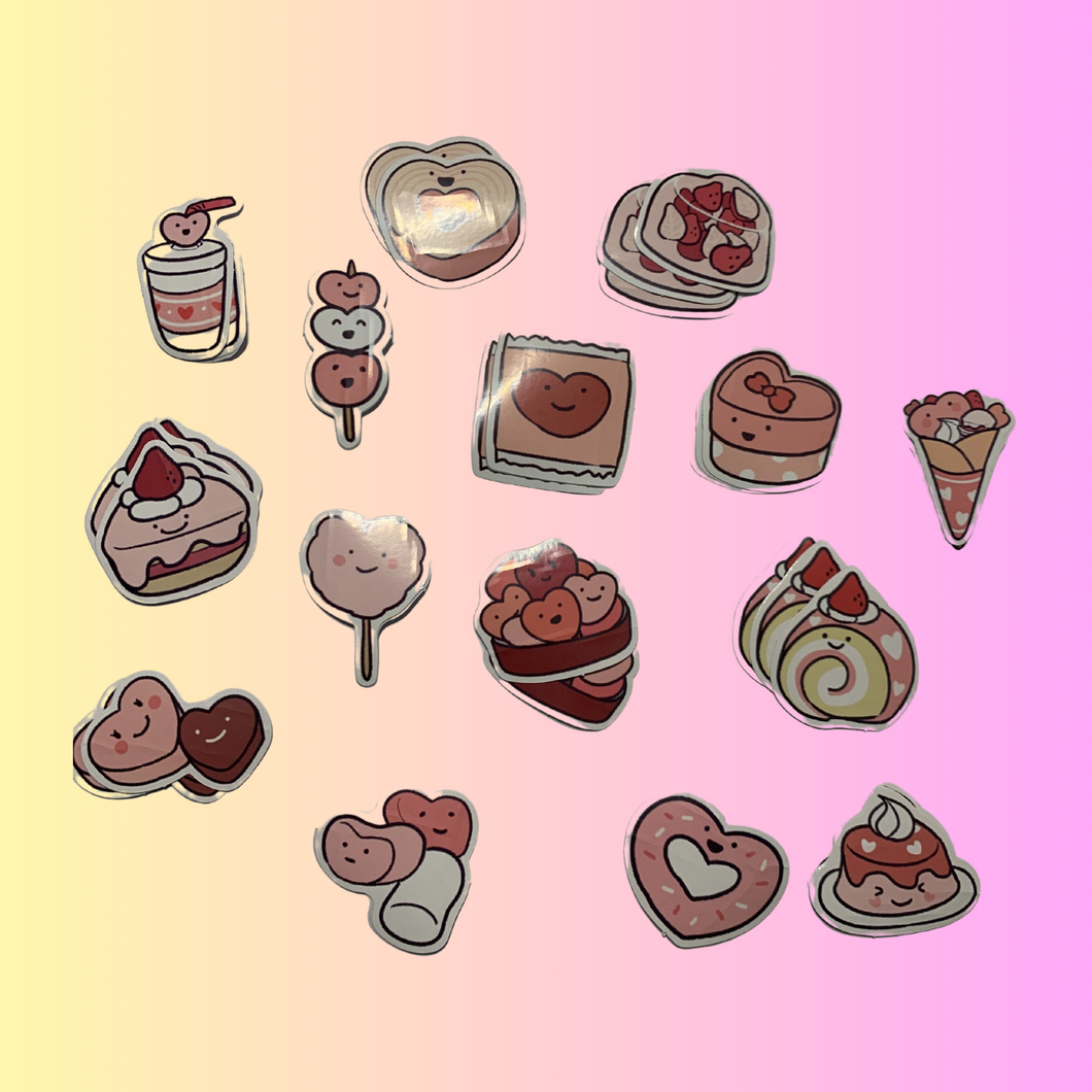 Sweet Treat Dessert Stickers for Valentine's Day - Candy, Cakes, Sweets, Pink and Red Cute Food Snacks Decals, 45 Boxed Stickers