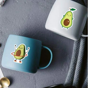 avocado stickers on mugs