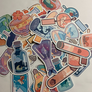 Charming cartoon magical scene in bottles stickers. Pack of 50, Approximately 2 inches each. Beautiful colors and quality graphics. Moon, Sun, Fruit, Clouds, Mountains in test tubes, coffee cups, teacup, beakers, jars, and cans.