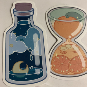 Charming cartoon  magical scene in bottles stickers. Pack of 50, Approximately 2 inches each. Beautiful colors and quality graphics. Moon, Sun, Fruit, Clouds, Mountains in test tubes, coffee cups, teacup, beakers, jars, and cans.