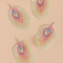 Load image into Gallery viewer, four Pastel feather iron-on embroidered patches displayed on a peach background
