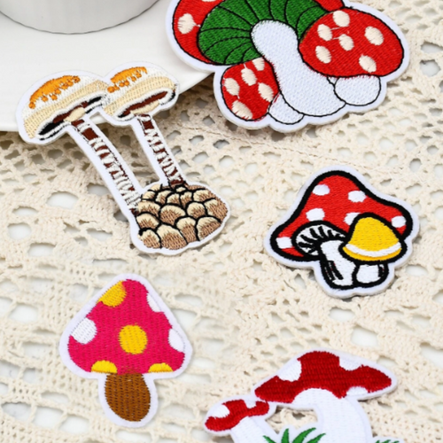 5pc Embroidered Mushroom Patch Set from elementah.com. Red and white caps, Mushroom Iron-On Appliques.
