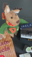 Load and play video in Gallery viewer, Dessie the felt reindeer in a green jumper inside his Irish-themed miniature curiosity box
