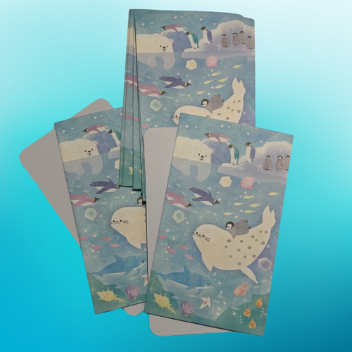  Whimsical Sealife Design: pretty blue envelopes adorned with a captivating white seal, penguins, dolphins, shells, jellyfish and other sea life illustrations, these envelopes bring a sense of enchantment to your letters.  Ten card stock notes fit perfectly inside - Very cute for mini notes to your spouse, boyfriend, girlfriend, or kids.