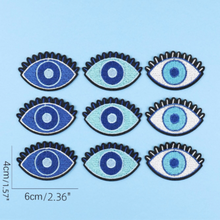 Load image into Gallery viewer, size chart for evil magic eye patches embroidered in three color combinations with lashes from elementah.com
