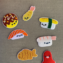 Load image into Gallery viewer, 7 set sushi embroidered patch octopus egg red bean shrimp salmon nigiri tempura
