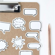 Load image into Gallery viewer, Black and White Dialogue and Thought Bubble Stickers - a creative pack that adds a touch of whimsy and expression to any surface! With 45 stickers per box, you&#39;ll have plenty of opportunities to spark conversations and showcase your thoughts in styl
