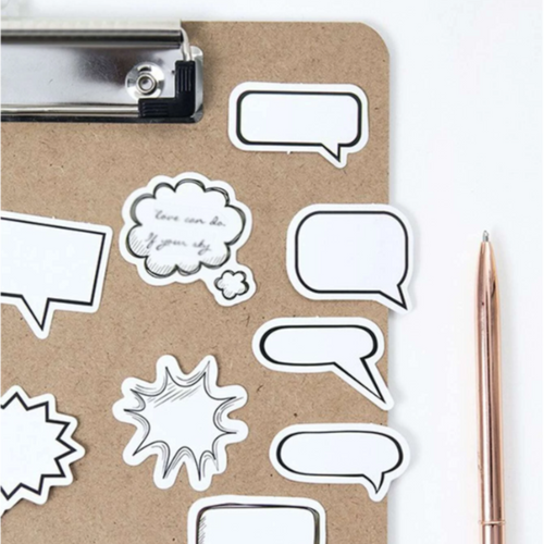 Black and White Dialogue and Thought Bubble Stickers - a creative pack that adds a touch of whimsy and expression to any surface! With 45 stickers per box, you'll have plenty of opportunities to spark conversations and showcase your thoughts in styl