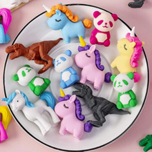 Load image into Gallery viewer, unicorn panda dinosaur puzzle erasers in a white dish
