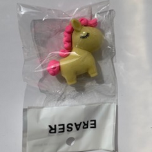 Load image into Gallery viewer, yellow unicorn with lashes pink mane puzzle erasers 
