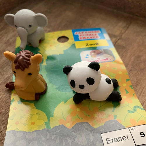 Puzzle erasers panda, horse, elephant. Made in Japan.