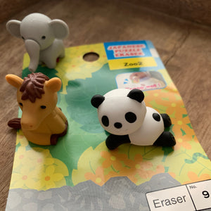Puzzle erasers panda, horse, elephant. Made in Japan.