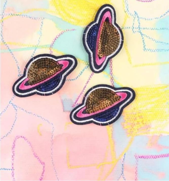 pink, blue and gold saturn 3 pack of patches. Iron-on or sew on.  Science, Astronomy, 1980s.