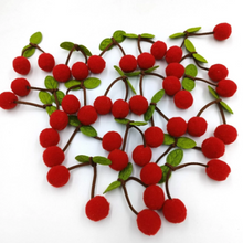 Load image into Gallery viewer, red pom pom cherries with green stiches leaves and brown suede stems 5 pack
